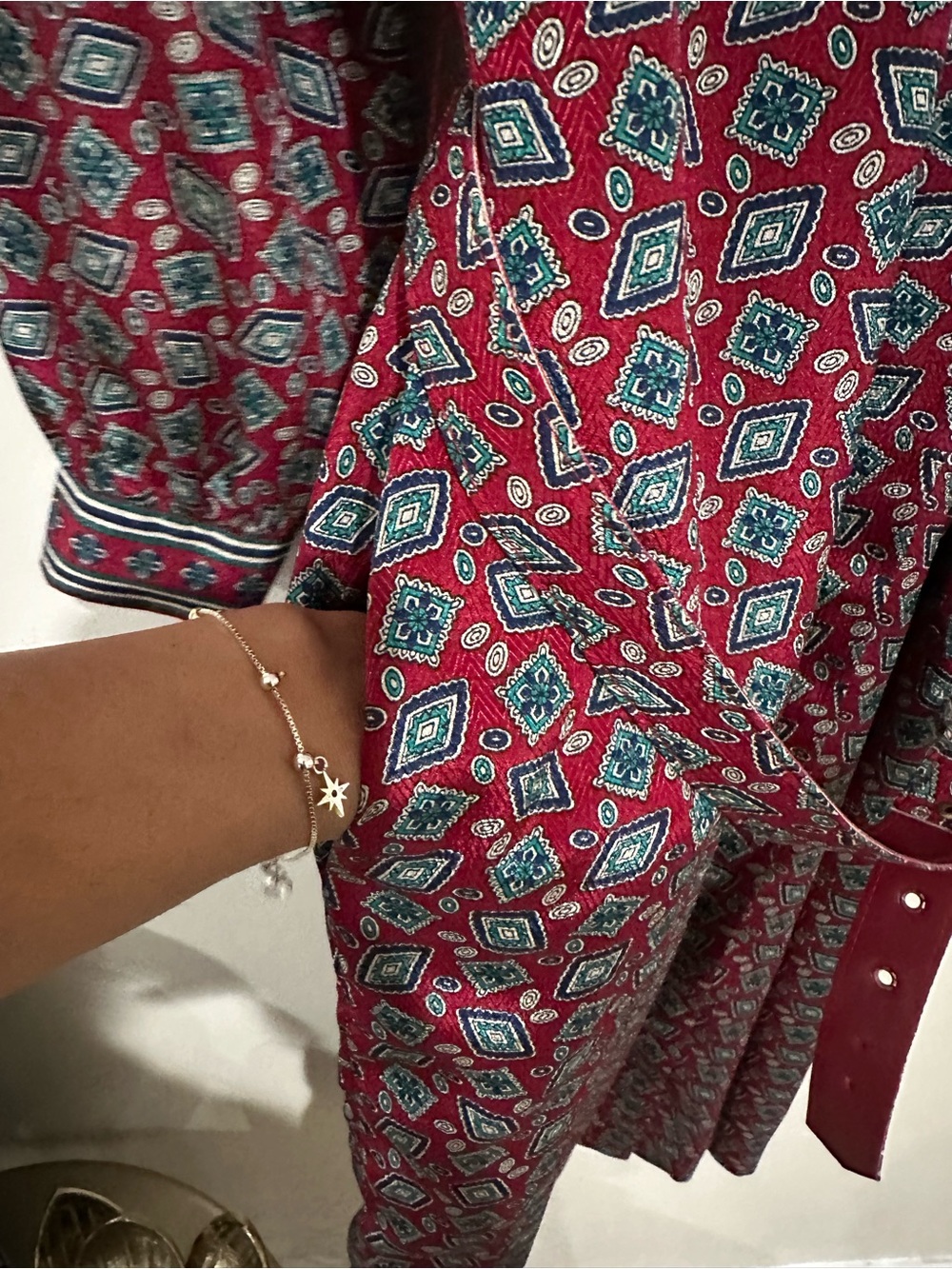 Vintage Schrader Red Geometric Belted Shirt Dress Retro Fits XL Midi Pockets - Picture 14 of 16